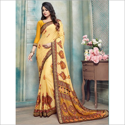 Yellow and Red Pure Kasturi Crepe Casual Saree