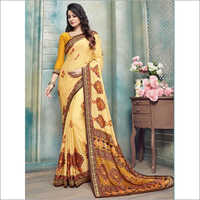Yellow And Red Pure Kasturi Crepe Casual Saree - Georgette Fabric, Printed Pattern | Zari Work Detailing, Elegant And Chic Look