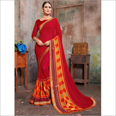 Printed Red And Orange Faux Georgette Daily Wear Saree