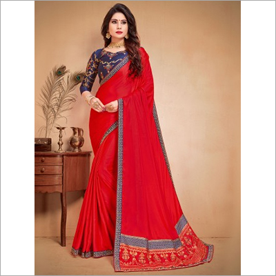 Red and Blue Faux Satin Saree