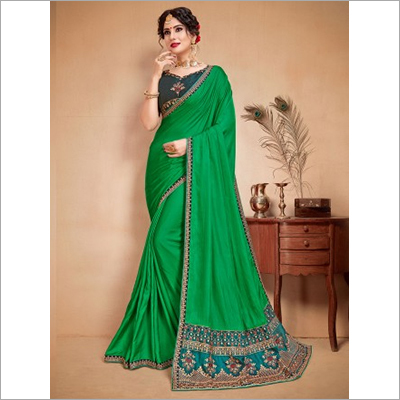 Green and Teal Faux Satin Saree