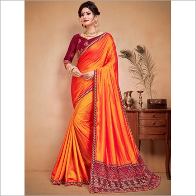 Orange and Maroon Faux Satin Saree