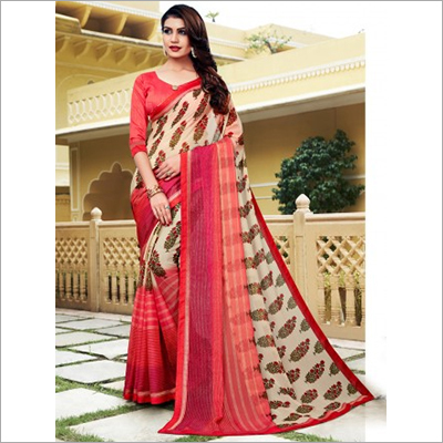 Beige and Peach Floral Print Mineral Chiffon Saree