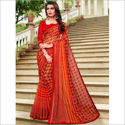 Georgette Red And Orange Mineral Chiffon Saree