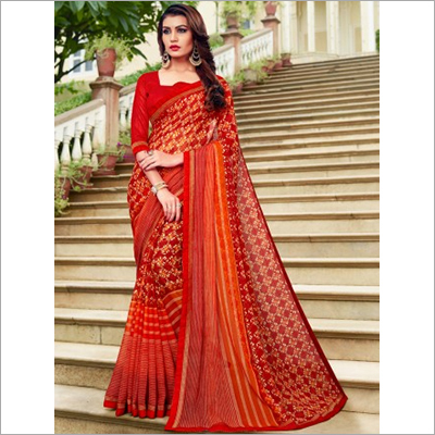 Red and Orange Mineral Chiffon Saree