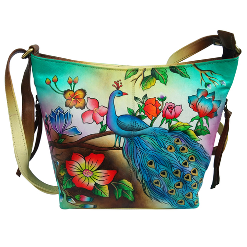 Multi New Leather Hand Painted Sling Crossbody Shoulder Bag Design Sitting Peacock