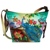 New Leather Hand Painted Sling Crossbody Shoulder Bag Design Sitting Peacock