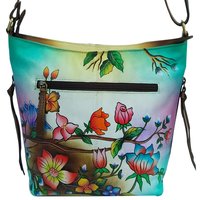 New Leather Hand Painted Sling Crossbody Shoulder Bag Design Sitting Peacock