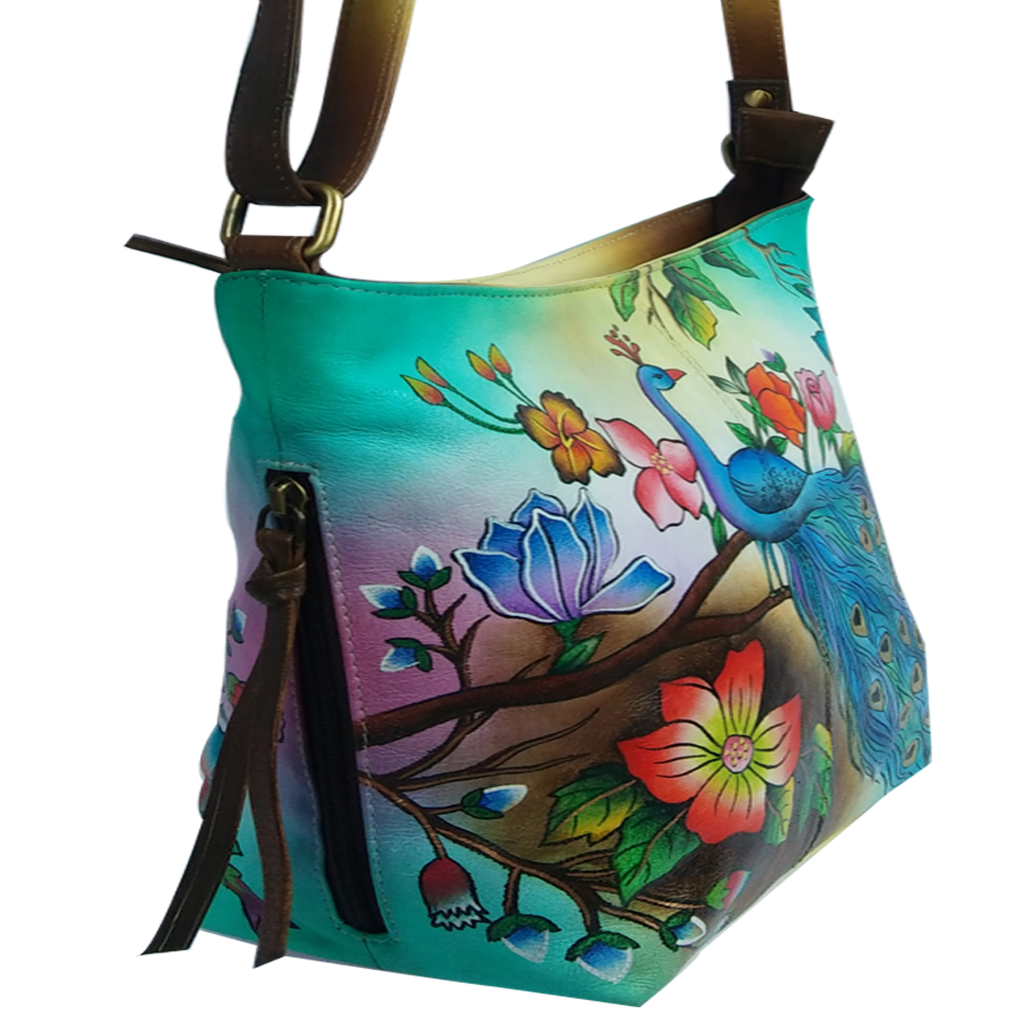 New Leather Hand Painted Sling Crossbody Shoulder Bag Design Sitting Peacock