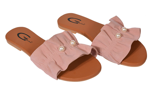 Ladies Flat Mule Sandals - Suede & Rubber, Multiple Sizes, Pink | Stylish Design, Comfortable Fit, Pearl Accents