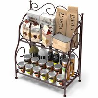 Spice Rack, 2-tier Foldable Shelf Rack Kitchen Bathroom Countertop, 2-tier Standing Storage Organizer Spice Jars Bottle Shelf Holder Rack -black (black, Wrought And Cast Iron) Dimension(l*w*h): 11.6inch X 6.1inch X 14.4inch Inch (in)