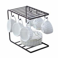 Coffee Mug Cup Holder Cup And Plate Stand With 6 Hooks For Large Mug - 9.5 X 9.1 Inch | Black, Elegant Design, Multi Vertical Organizer For Mugs And Plates