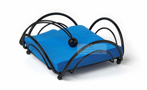 Wrought Iron Tissue Holder - Wood Material, Elegant Black Finish with Decorative Swirls and Smooth Napkin Pull-Out Function