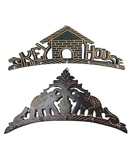 Beautiful Wooden Wall Hanging Key Holder (Key House & Elephant Shape) A Perfect Key Holder Set of 2