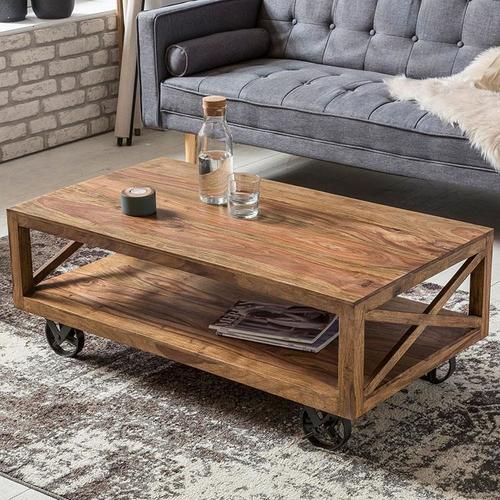 Wooden Center Coffee Table With Iron Wheels No Assembly Required