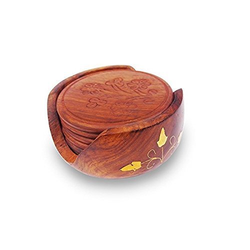 Wooden Tea/Coffee Coaster Set - Material: Wood Size: 35x18x25 cm | Handcrafted with Brass Flower Design Elegant Showpiece for Gifts