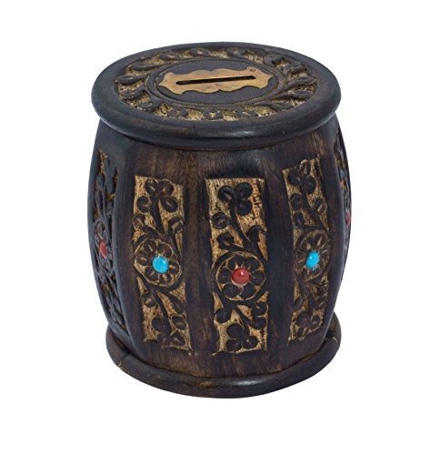 Beautiful Wooden Barrel Shape Money Bank with Carving Design - Wood, Size: 5 inches, Diameter: 4 inches | Elegant Handcrafted Finish, Perfect for Home Decor & Gifting