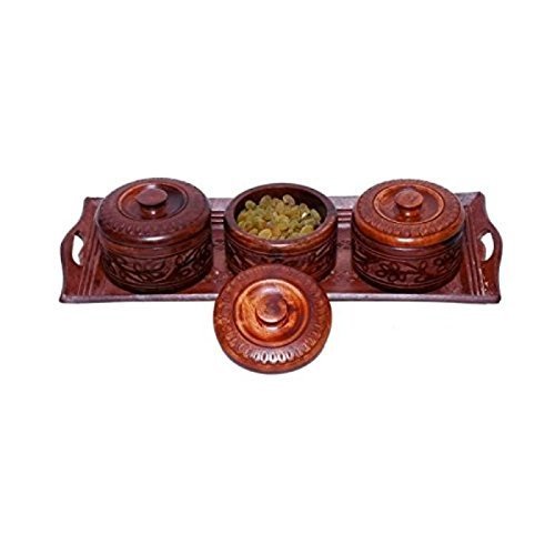 Wooden Handmade 3 Dry Fruit Box & 1 Serving Tray Set of 4