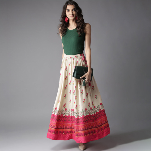 Available  In All Colors Cream Printed Tiered Maxi Flared Skirt