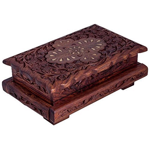 Decorative Handmade Wooden Jewellery Storage Box with Carving - Size: 3x8x5 Inches | Material: Wood Color: Brown Ideal for Home Decor and Gifting