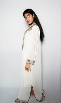 Hand Embroidered Georgette Kaftan - Customized Size, Ivory White Color | Full Sleeves, Dry Clean Care, Elegant Golden Beads & Sequins