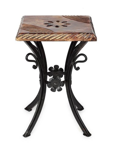 Handmade Wooden & Wrought Iron Stool/Chair (Black 10 X 10 X 12 Inch)