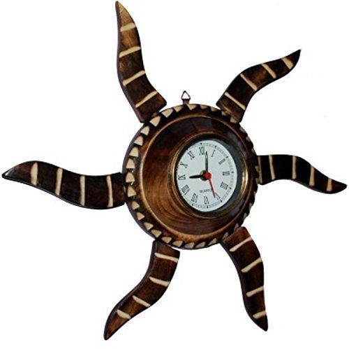 Wooden Antique Rising Sun Analog Wall Clock - Wood, 23.2 x 16 x 6.7 cm, Brown | Handcrafted Elegance for Home Decor, Office & Gifting