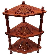 Wooden Corner Rack Side Table - 15x12x40 Inches, Brown Finish With Elegant Indigenous Carvings For Home Decor And Gifting