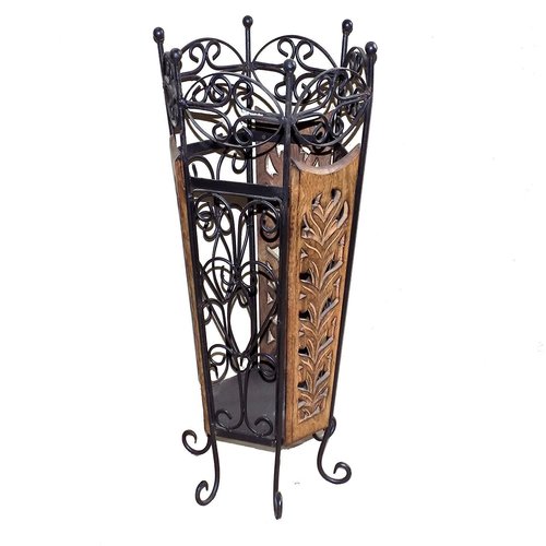 Wooden and Wrought Iron Umbrella Stand, 9.5x11x21-inches, Brown Wooden and Wrought Iron Umbrella Stand, 9.5x11x21-inches, Brown