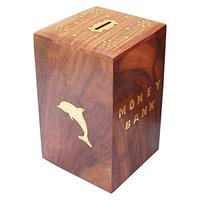 Wood Handcrafted Antique Cuboid Wooden Piggy Bank (5 Inches)