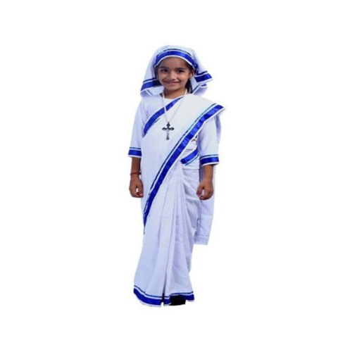 Mother Teresa Dress - Cotton, Size M | White And Blue, Seasonal Uniform for Spring, Summer, Winter, Rainy Weather, Versatile Design