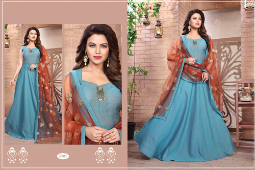 Two Tone Blue Silk Gown - Bust Size 38-46 Inch, Length 58 Inch | Breathable, Easy to Maintain, Includes Matching Leggings & Dupatta