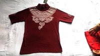 Solid Women High Neck Maroon T-shirt  Hand Painted