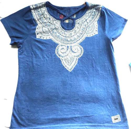 Solid Women V-neck Blue T-shirt Mithila Painted By LOKHIT RANG PEETH SEVA SANSTHAN