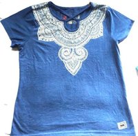 Solid Women V-neck Blue T-shirt Mithila Painted