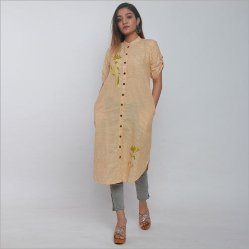 Yellow Striped Handloom Embriodered Dress