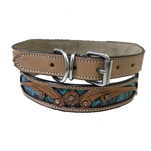 Italian Veg Leather Pet Collar - High Veg Leather, All Sizes, Natural with Turquoise and Black, Deep Engraving, Turquoise Metal Trims, Brass and SS Buckle Options