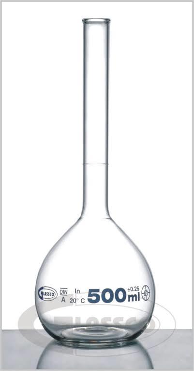 FLASK VOLUMETRIC, WITH RIM ONE MARK, WITHOUT STOPPER 500ML