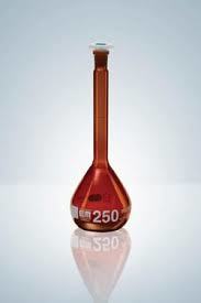 FLASK VOLUMETRIC , AMBER , WITH ONE  MARK, STOPPER MADE OF POLYTHENE 250ML
