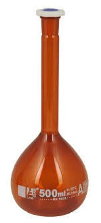 FLASK VOLUMETRIC , AMBER , WITH ONE  MARK, STOPPER MADE OF POLYTHENE 500ML