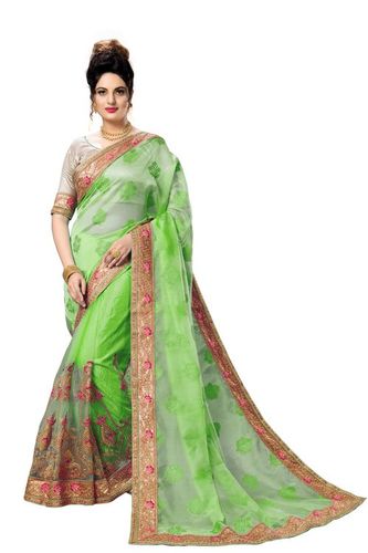 Green Trendy Organza Satin Half And Half Embroidered Saree Collection