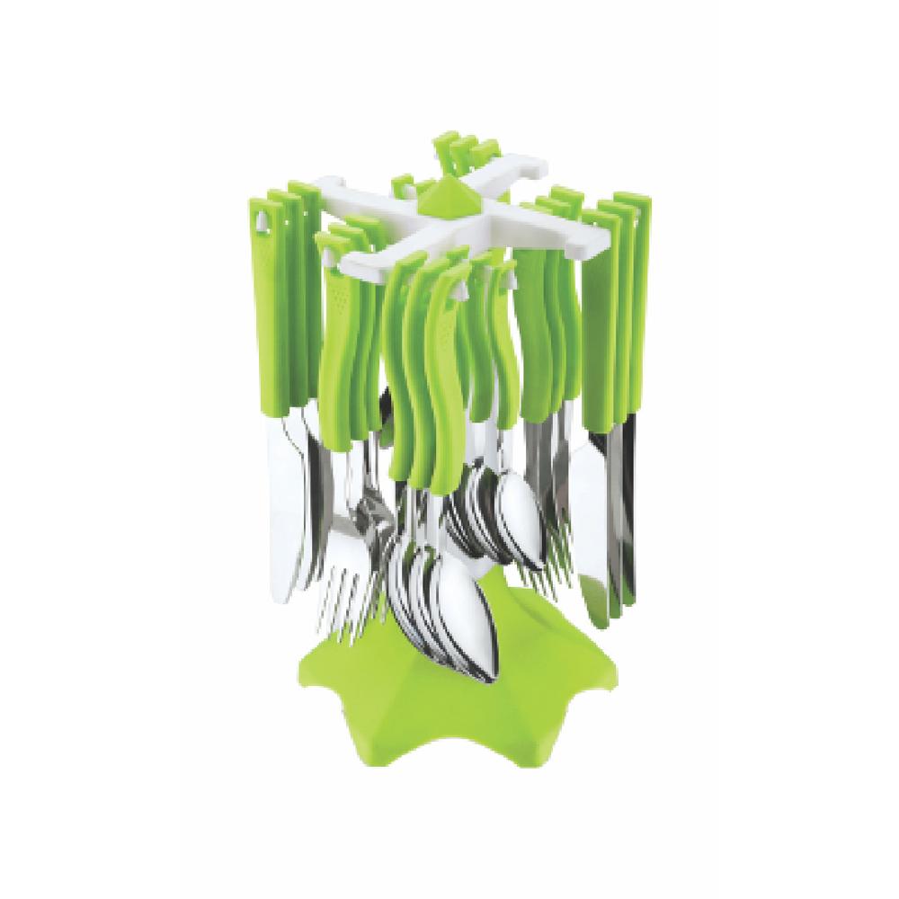 Swastic Cutlery Set - Stainless Steel, Long Size, Light Weight | Green ABS Dining Table Set