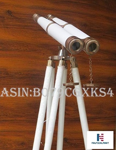 NauticalMart Floor Standing Harbor Master Telescope White Leather - Brass, 50-70cm, 20x Magnification | Tripod, Adjustable Height, Nautical Design