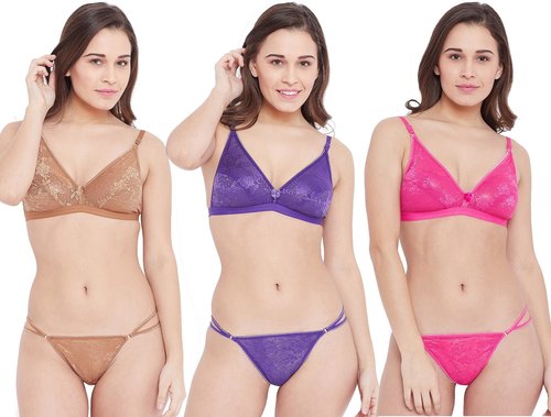 Beige | Purple | Pink Non Padded Wirefree Designer Lace Bra & Tanga Style Panty Set