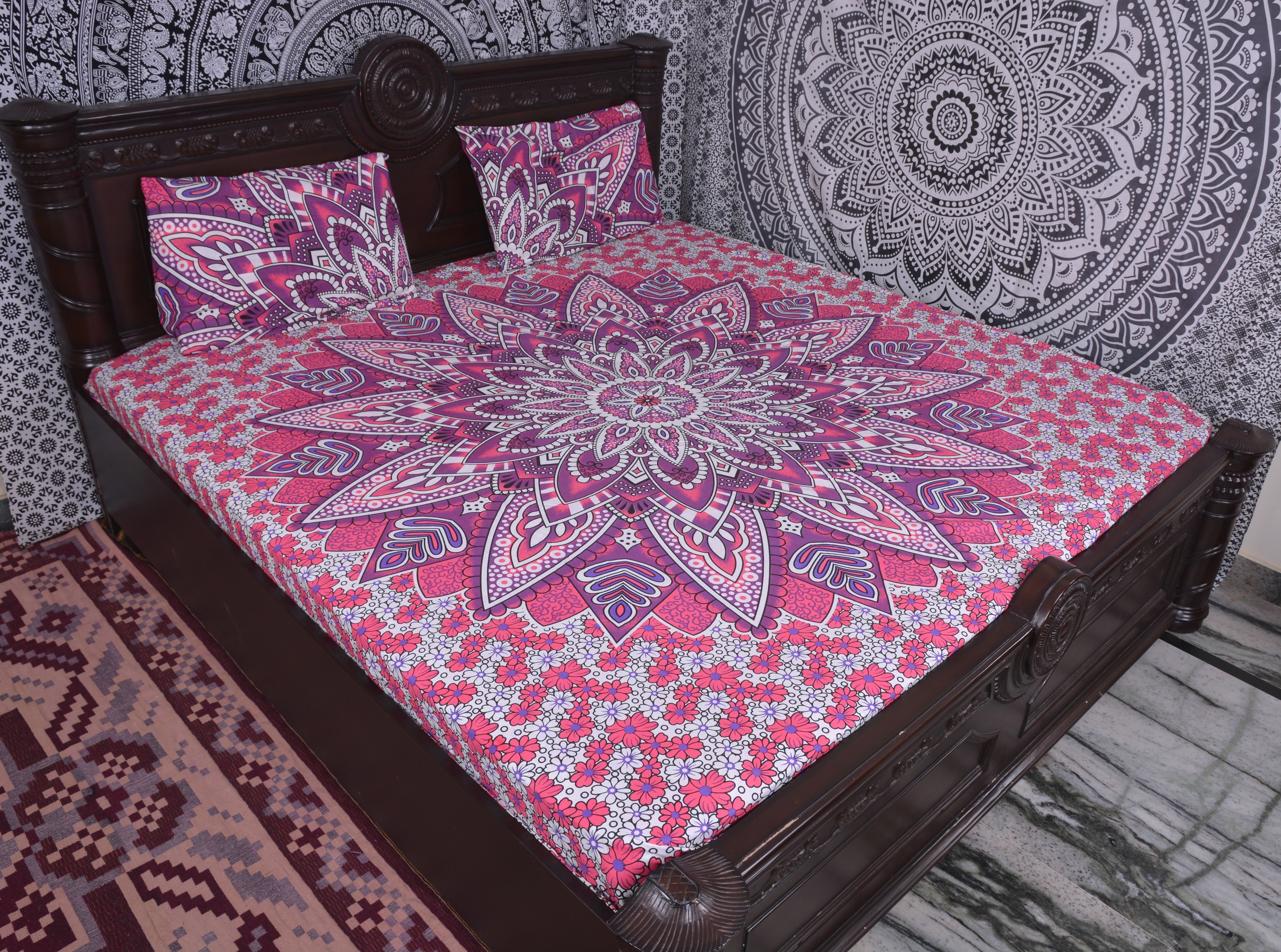 Indian Mandala Pink Flower Cotton Duvet Cover