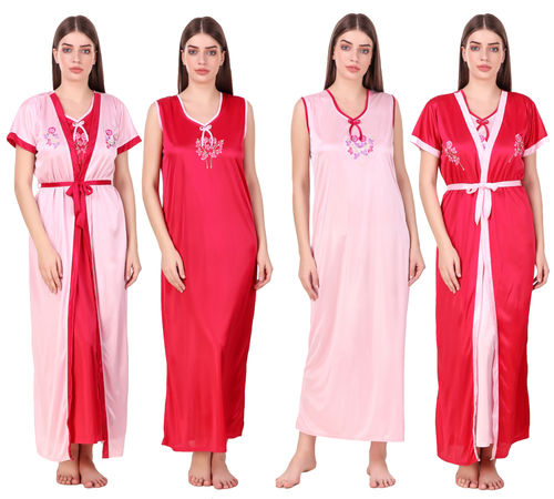 Women's Fancy Comfortable Satin Solid Maxi Length Nighty with long  Robe,Nightwear two Piece,Women nightwear Dress,Nightwear Set Pack of 2_Free  Size
