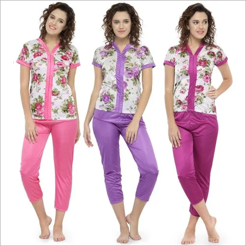 Pink | Purple | Magenta Short Sleeves Floral Print & Satin Top Pyjama Set Loungewear Nightwear
