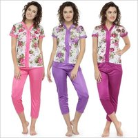 Short Sleeves Floral Print & Satin Top Pyjama Set Loungewear Nightwear - Soft Satin Fabric, Sizes [s, M, L], Colors: Pink, Purple, Magenta | 2-piece Set For Women, Comfortable & Stylish Design