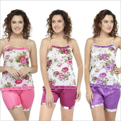 Pink | Purple | Magenta Sleeveless Floral Print & Satin Top Shorts Set Loungewear Nightwear