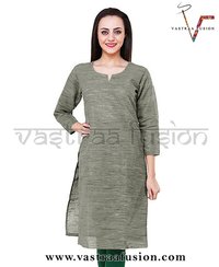Khadi Look In Solid Colour South Cotton Kurti - Cotton Blended Jute, 42 Inch Length, Regular Fit, 25 Multi Colors, 3/4 Sleeve | Anti-uv, Breathable, Quick Dry, No Fade, Washable